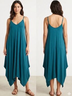 CANARI Teal Parachute Midi Dress Lagenlook Handkerchief Hem Made in USA Medium